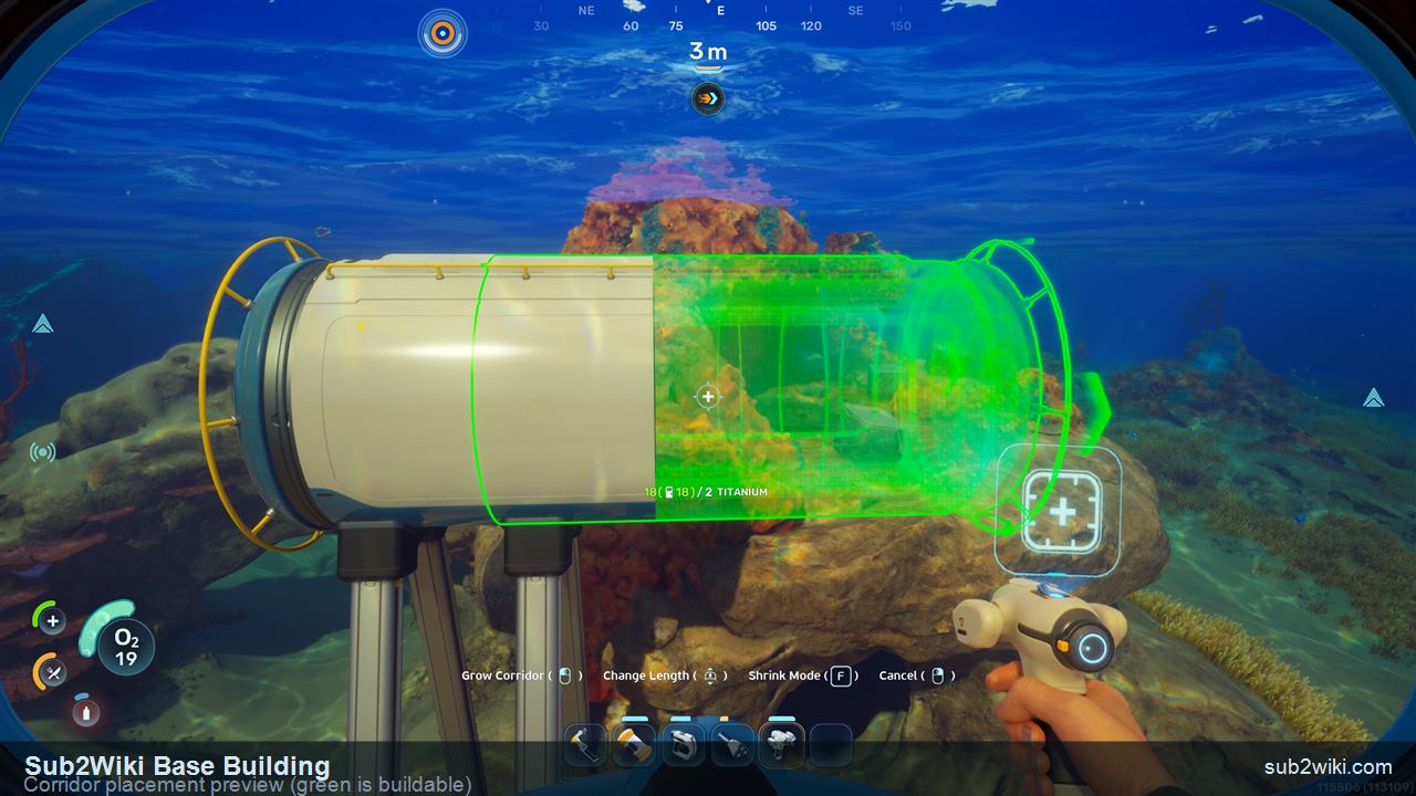 Subnautica 2 corridor placement preview glowing green to show a valid build position.