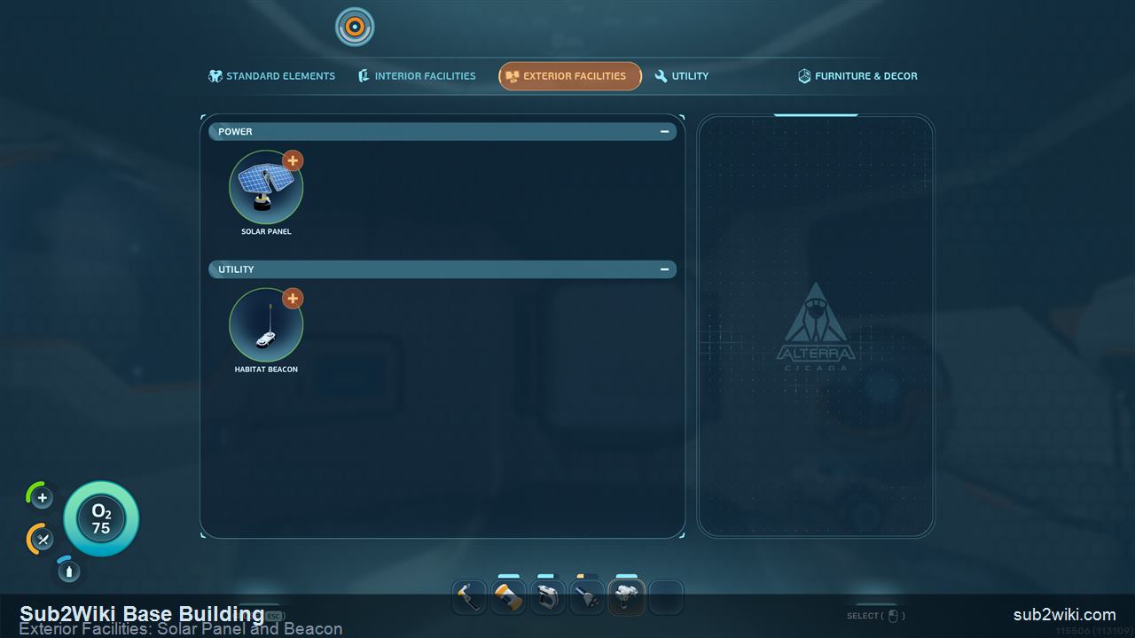 Subnautica 2 Exterior Facilities build tab showing the Solar Panel and Habitat Beacon options.