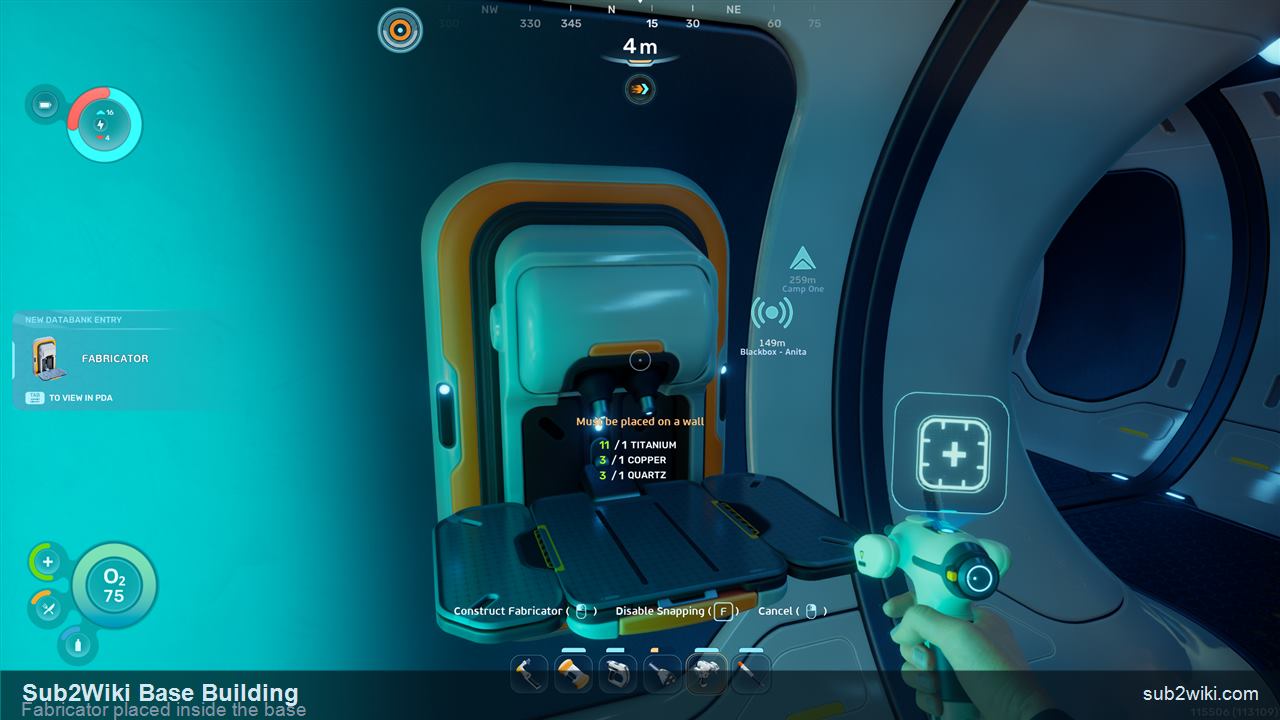 Subnautica 2 Fabricator placed and powered inside the corridor base.