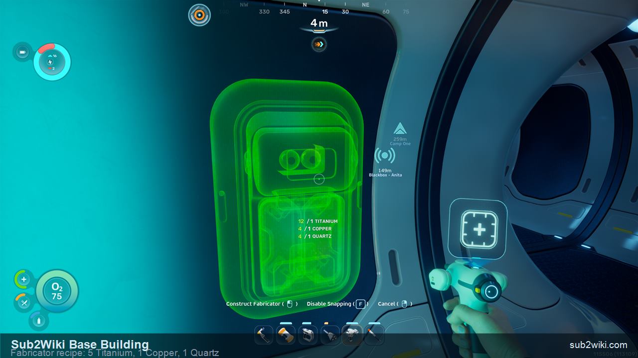 Subnautica 2 Fabricator placement preview showing the 5 Titanium, 1 Copper, 1 Quartz recipe inside the base.