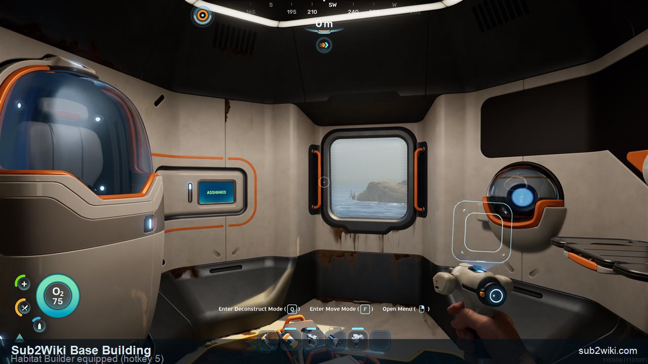 Subnautica 2 Habitat Builder equipped inside the Lifepod with the deconstruct, move, and open-menu prompts visible.
