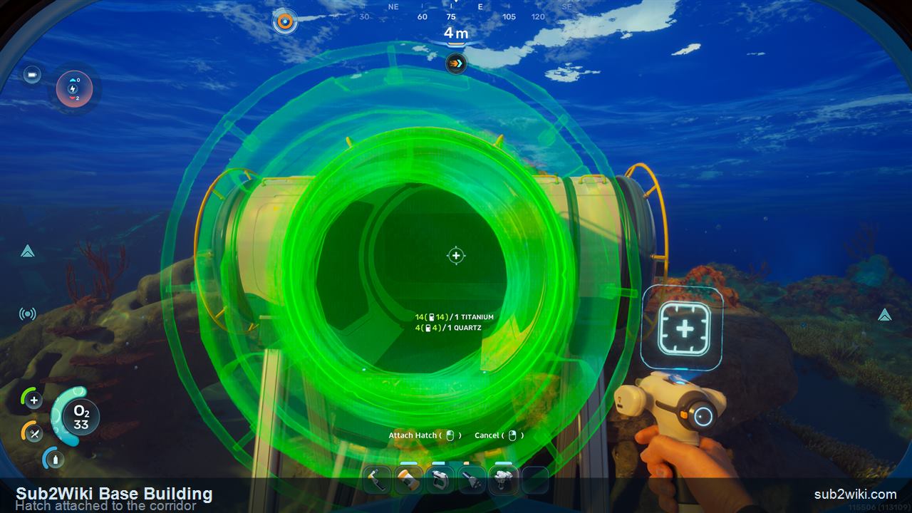 Subnautica 2 Hatch attached to the corridor, completing the watertight base shell.