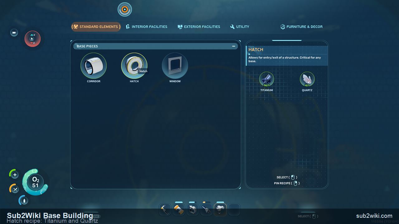 Subnautica 2 Hatch placement preview on a corridor end showing the Titanium and Quartz recipe.