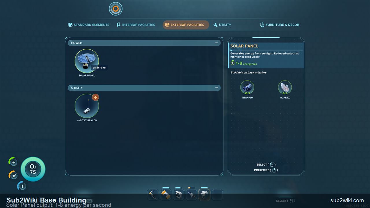 Subnautica 2 Solar Panel build entry showing 1-8 energy per second and reduced output at night or in deep water.