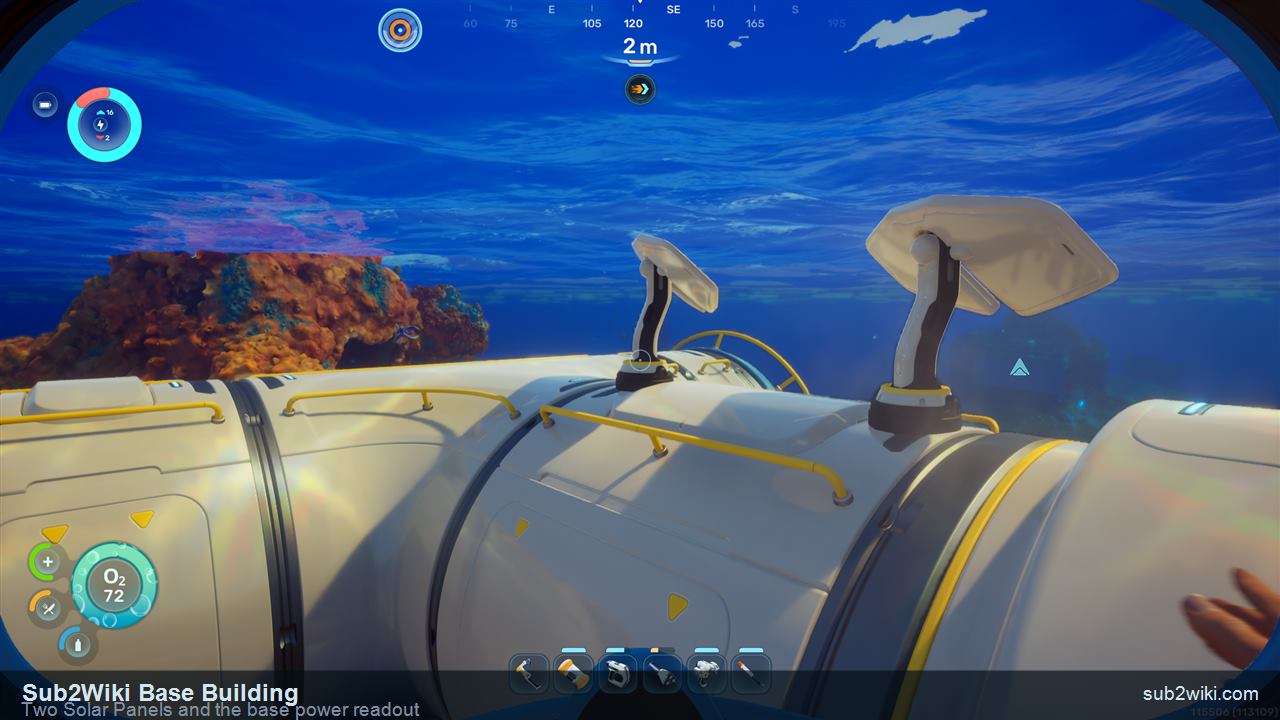 Subnautica 2 first base exterior with two Solar Panels and the base power readout.