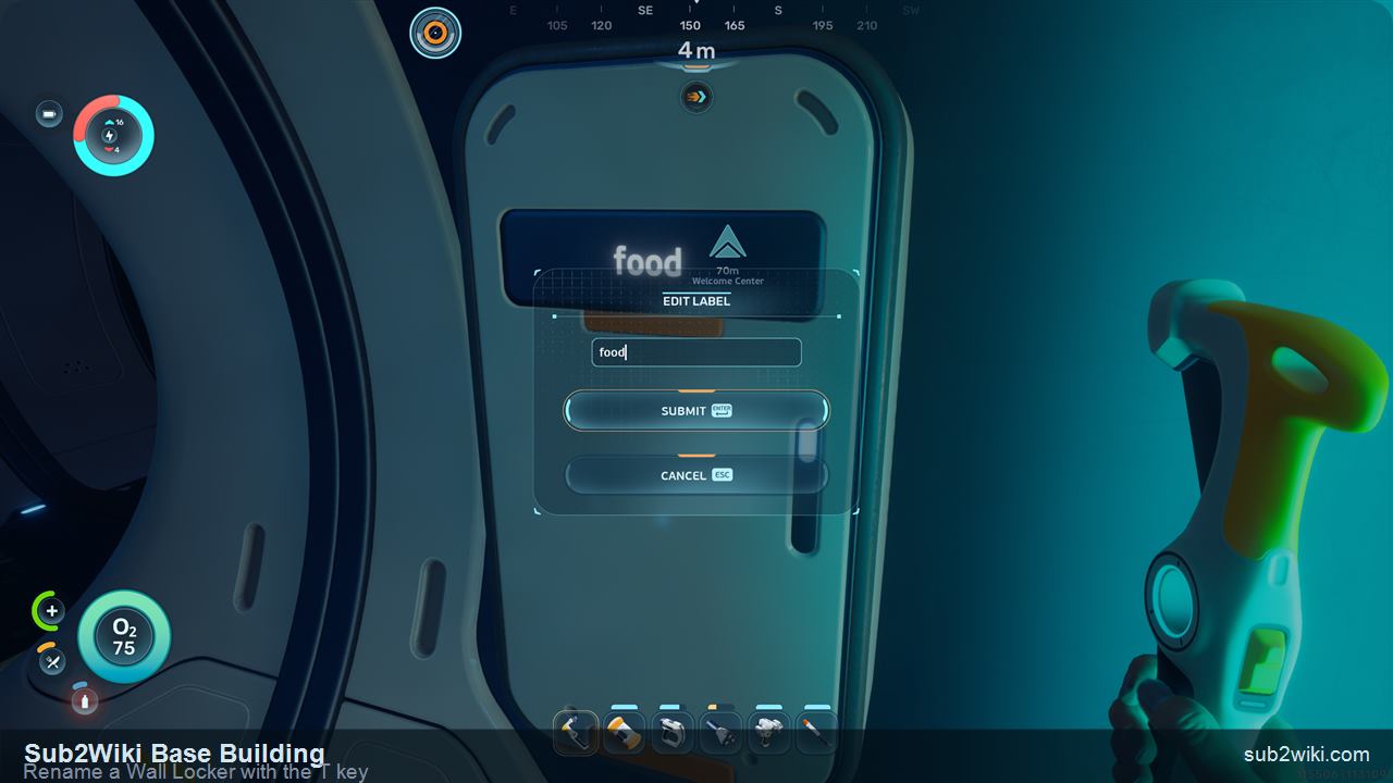 Subnautica 2 Wall Locker label being edited to read food using the rename prompt.