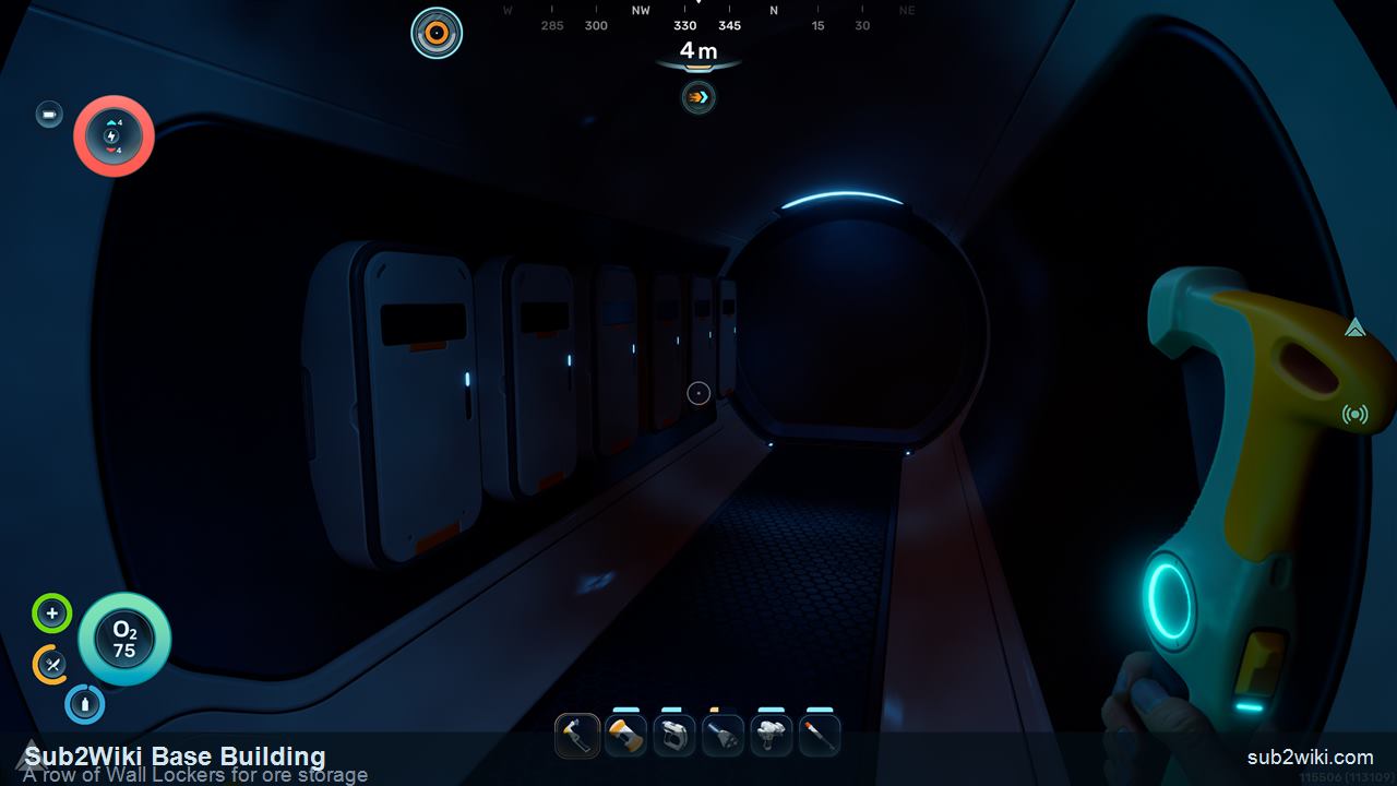 Subnautica 2 row of Wall Lockers along a corridor used for sorted ore storage.