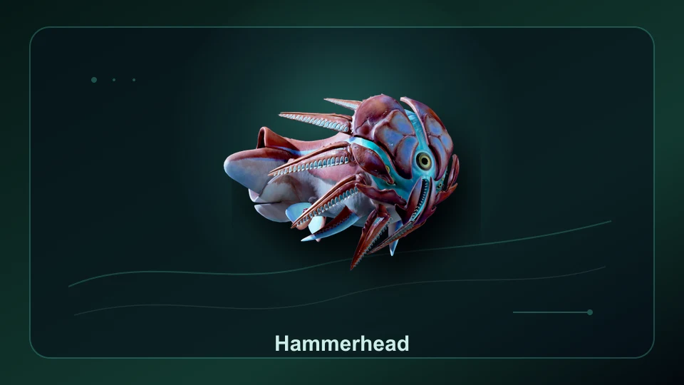 Subnautica 2 Hammerhead creature render for the low-risk fauna card.