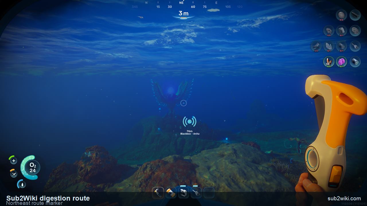 Subnautica 2 HUD route toward Anita black box on a northeast heading from the Lifepod.