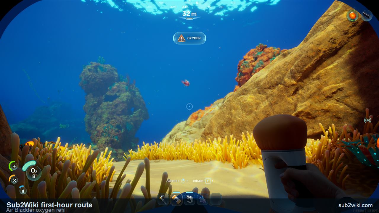 Subnautica 2 Air Bladder interface showing Oxygen and Inhale with the F key prompt.