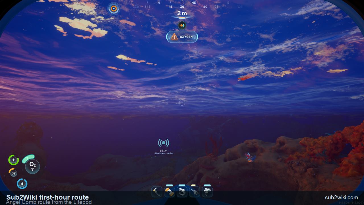 Subnautica 2 first-hour route back toward the Angel Comb and Anita black box marker on a north-northeast heading.