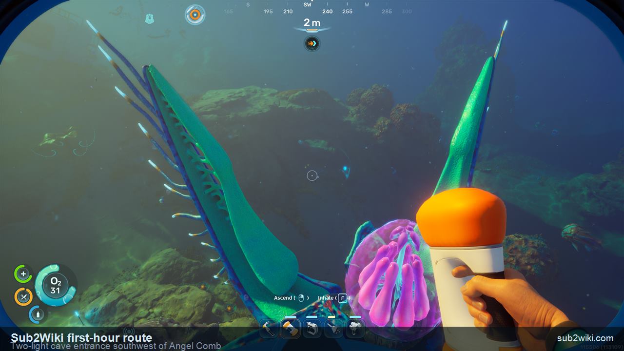 Subnautica 2 two-light cave entrance southwest of Angel Comb.
