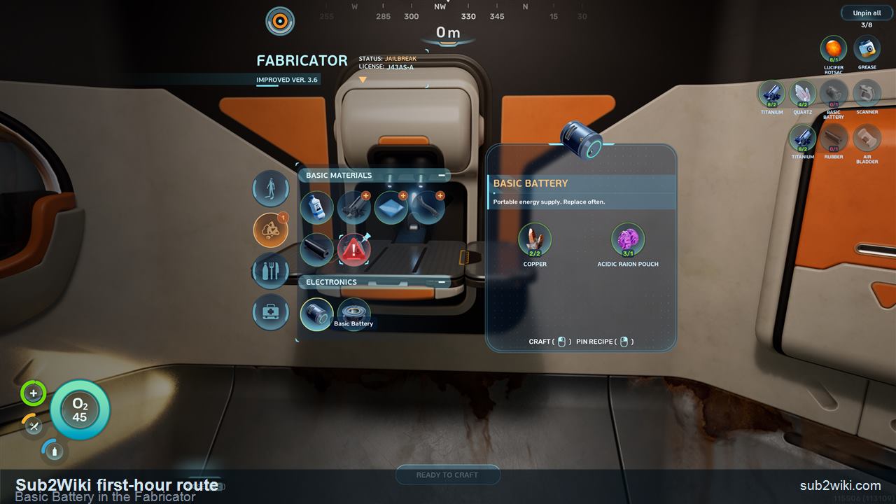 Subnautica 2 Fabricator showing the Basic Battery early recipe route.
