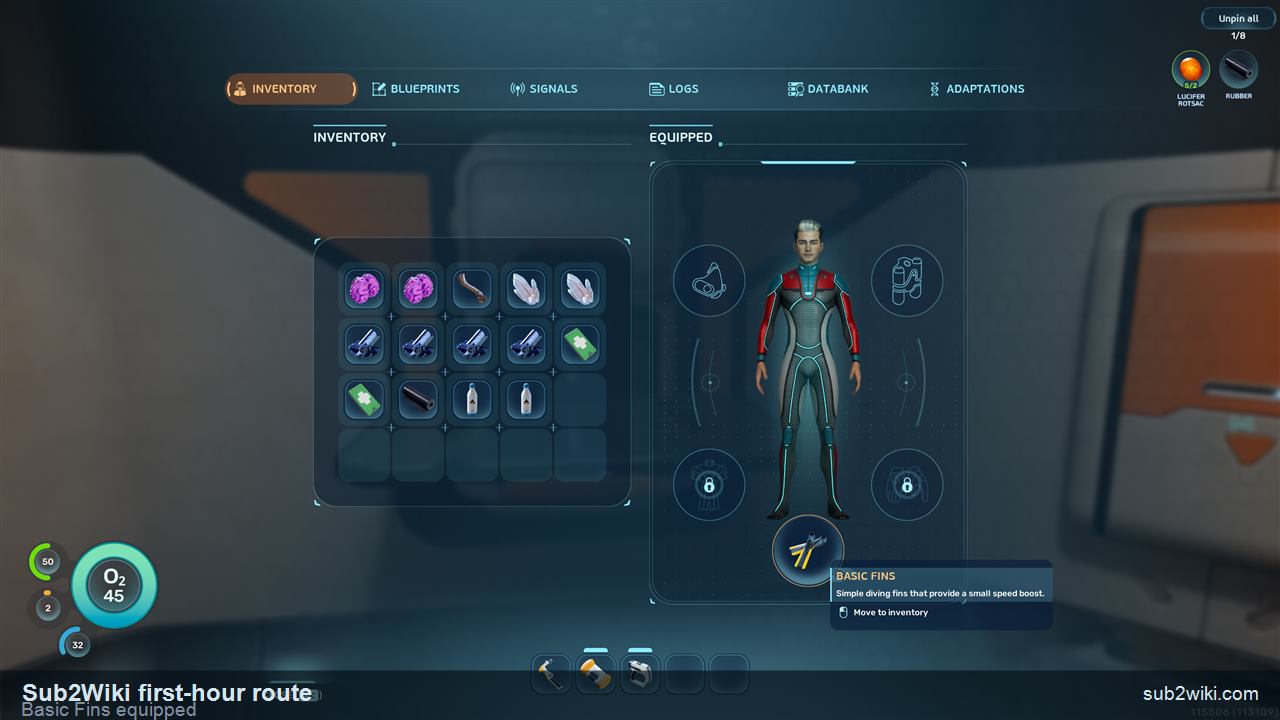 Subnautica 2 inventory screen showing Basic Fins equipped after crafting.