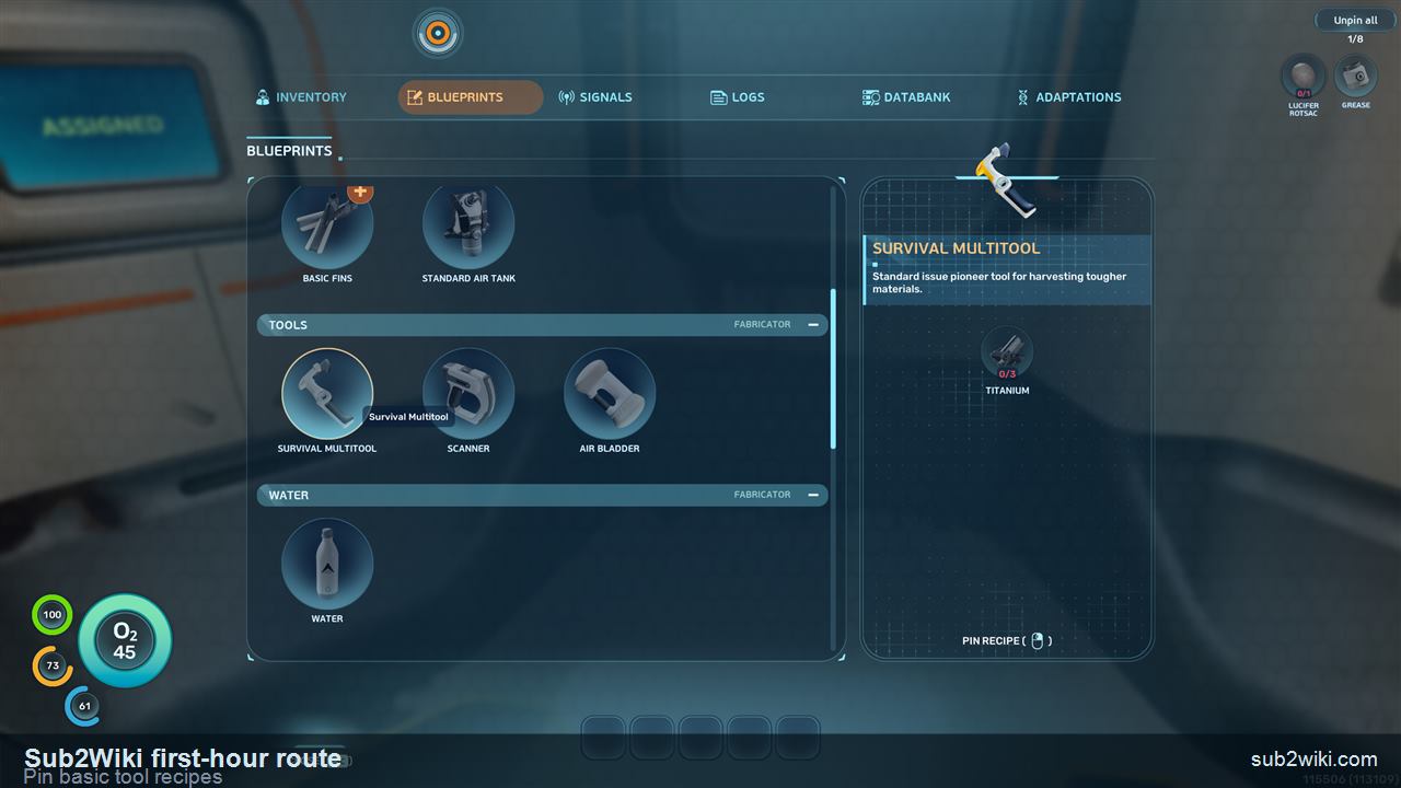 Subnautica 2 PDA Blueprints page with basic tool recipes available for pinning.