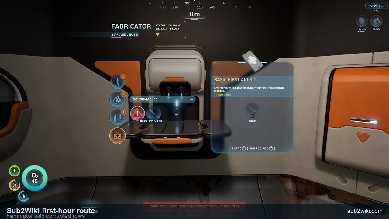 Subnautica 2 Fabricator interface with corrupted entries marked by red exclamation icons.