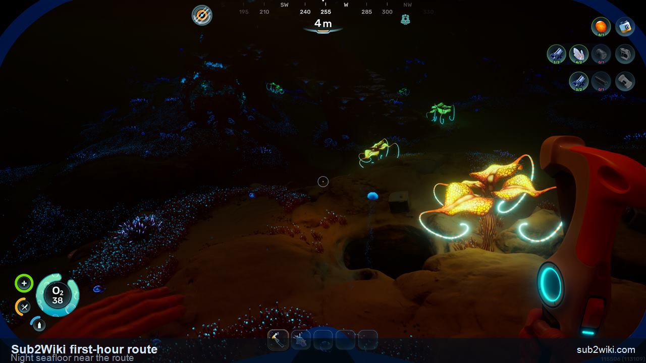 Subnautica 2 night seafloor view near the early material route.