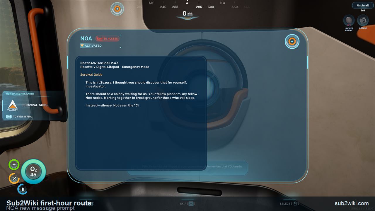 Subnautica 2 NOA interface showing a new message prompt.