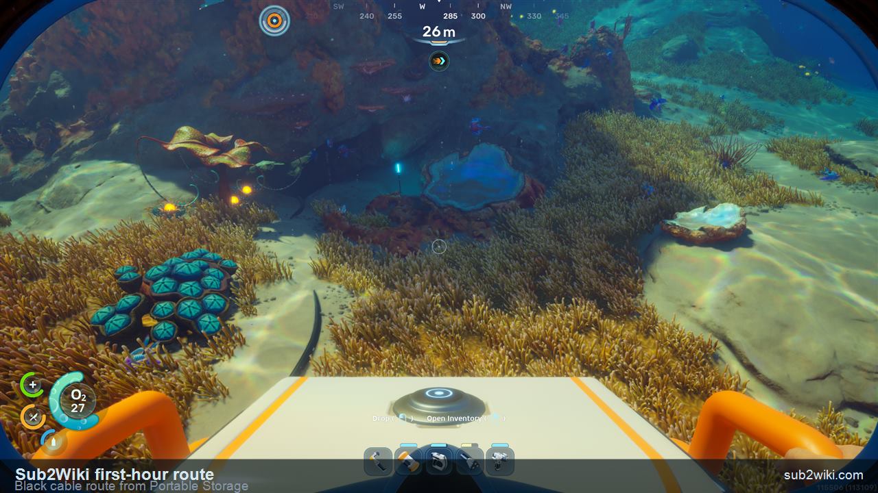 Subnautica 2 Portable Storage carried west along the black cable toward the Silver cave.