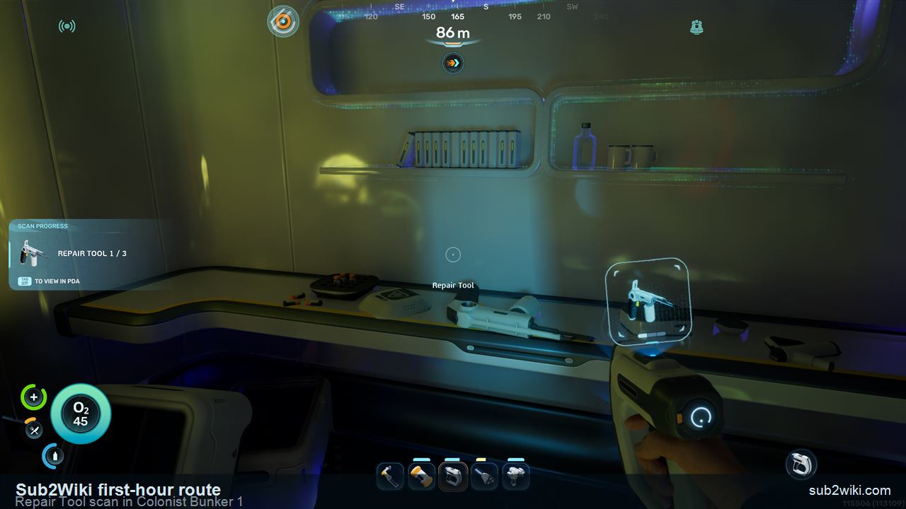 Subnautica 2 Repair Tool scan progress during the Colonist Bunker 1 route.