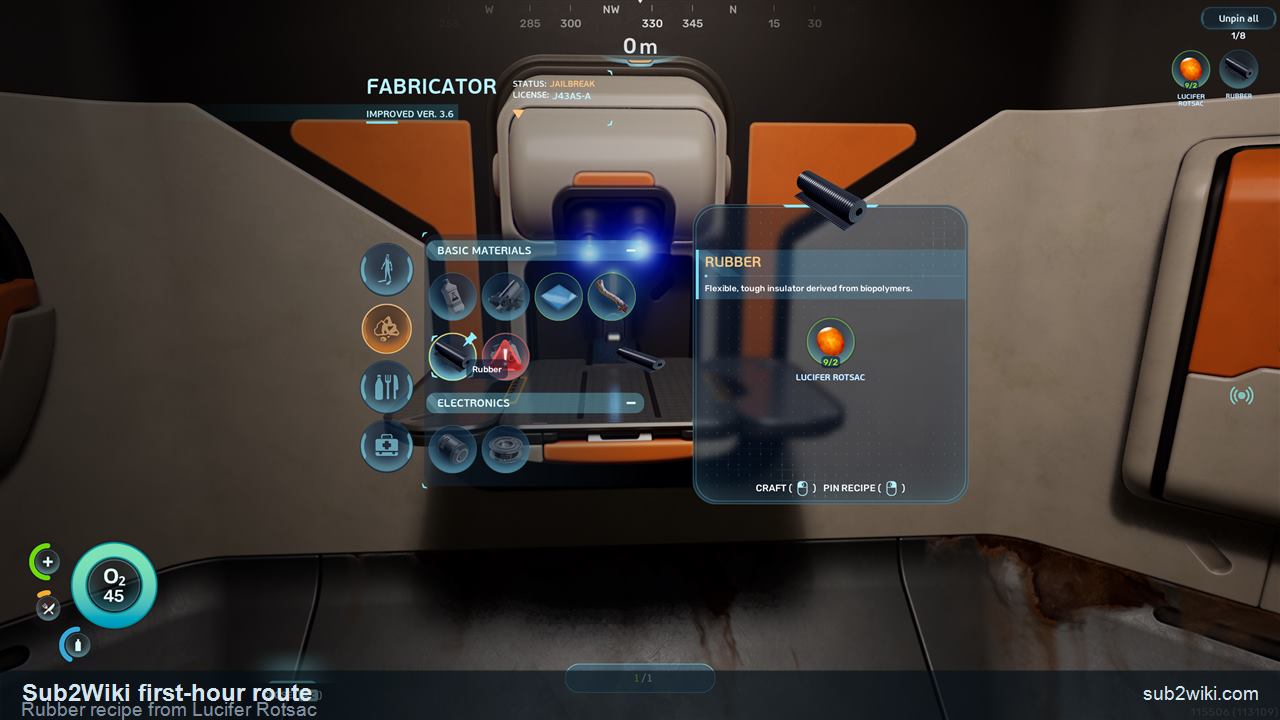 Subnautica 2 Fabricator screen showing the Rubber recipe from Lucifer Rotsac during the first-hour route.