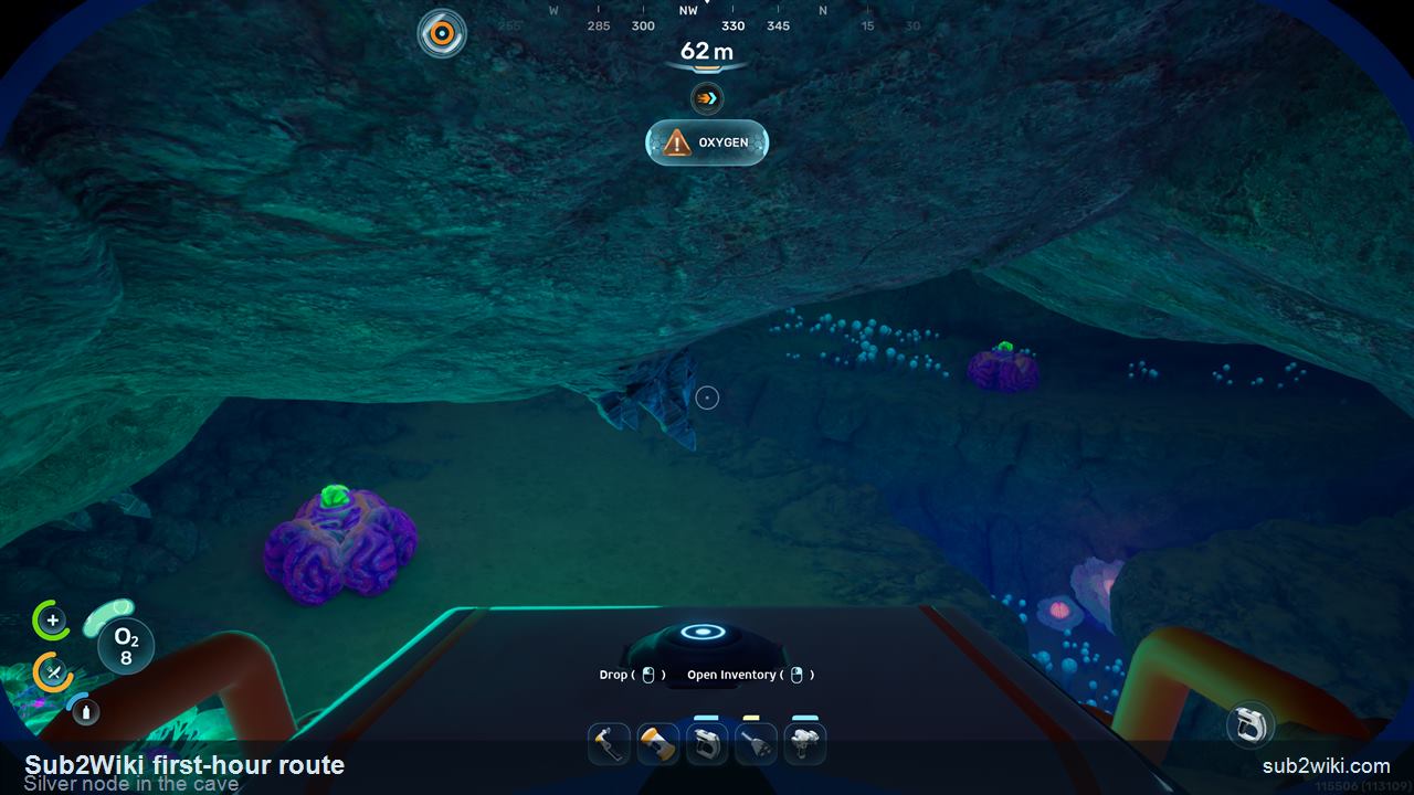 Silver node inside the Subnautica 2 first-hour Silver cave route