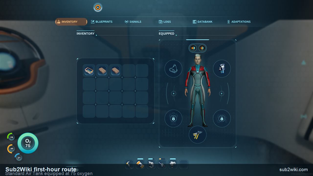 Subnautica 2 inventory after Standard Air Tank is equipped with 75 oxygen.