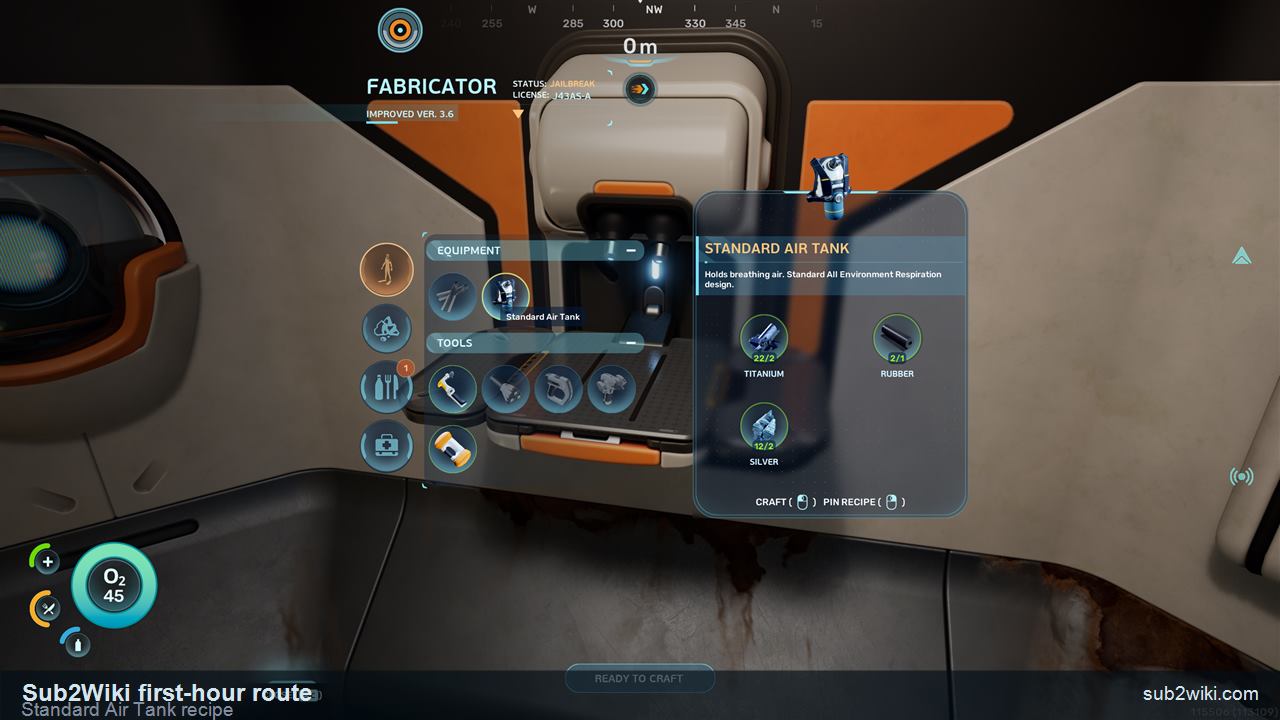 Subnautica 2 Fabricator recipe for Standard Air Tank showing Titanium, Silver, and Rubber requirements.