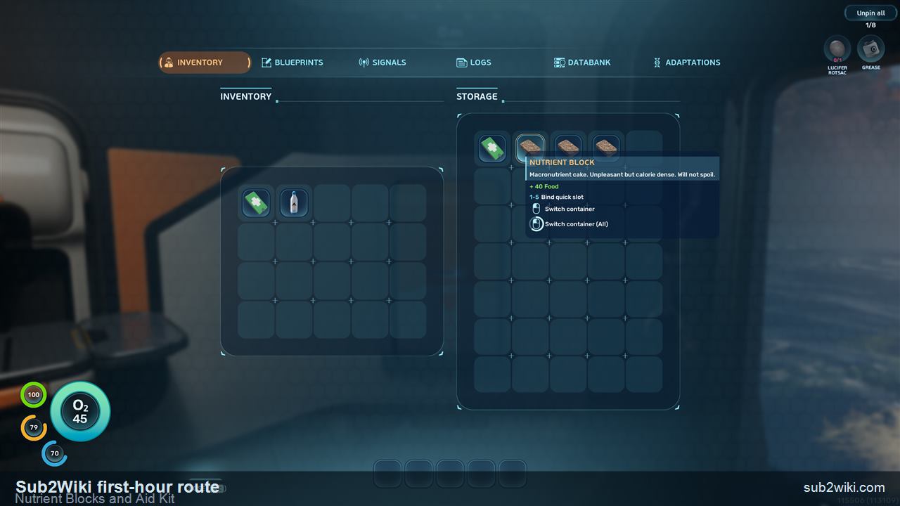 Subnautica 2 storage locker contents showing Nutrient Blocks and an Aid Kit.