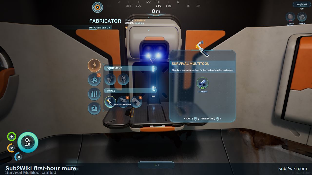 Subnautica 2 workbench crafting screen after making the Survival Multitool.