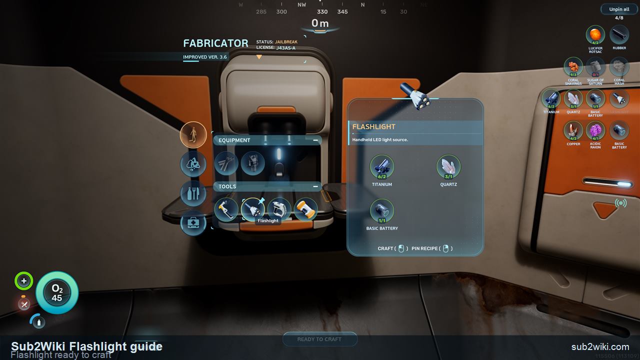 Subnautica 2 Fabricator UI with the Flashlight ready to craft from Titanium, Basic Battery, and Quartz.