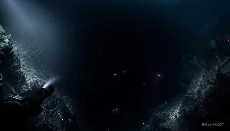 First-person diver view looking down into a dark trench as surface light fades above.
