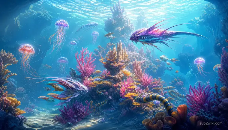 Alien reef packed with ribbon swimmers, small filter feeders, and warm bioluminescent light.