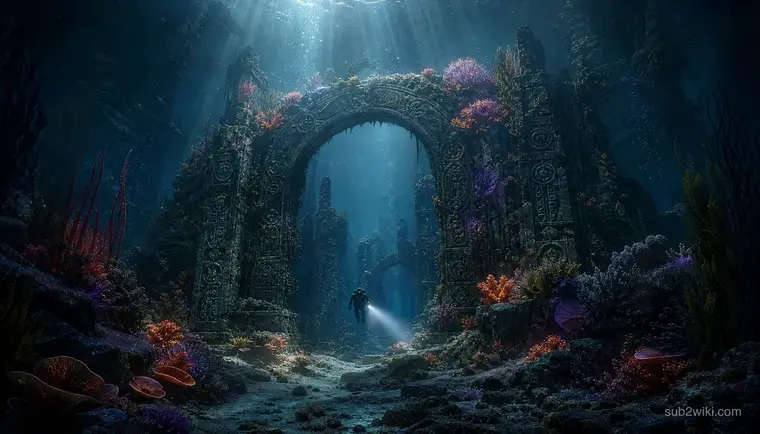 Ancient underwater ruins with broken vertical columns and faint bioluminescent growth.