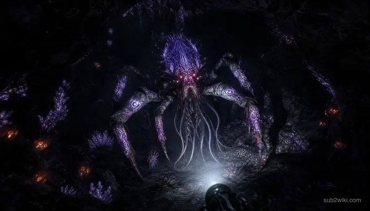 Predator silhouette waiting in a narrow underwater cave passage lit by a ceiling fissure.