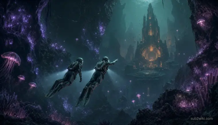 Two divers crossing a deep canyon with flashlight beams cutting through dark water.