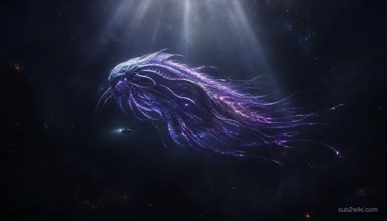 Leviathan-sized silhouette dropping through blue-black abyss water with faint bioluminescent particles.