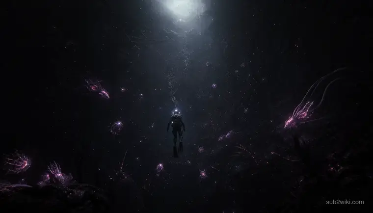 Single diver descending toward a faint glowing column in deep open water.