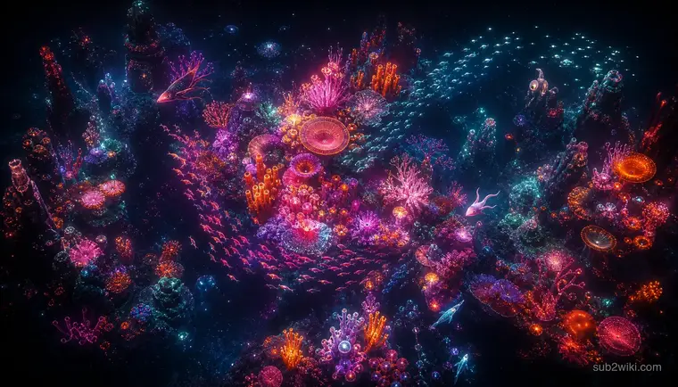 Neon coral garden with pink, green, and cyan reef growths across a mid-depth seafloor.