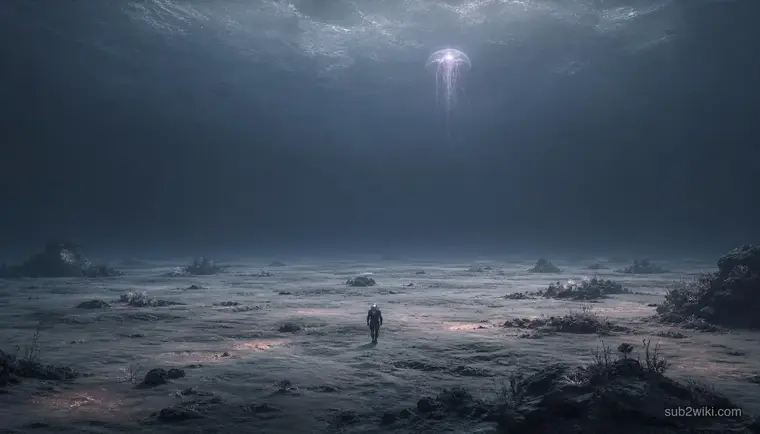 Sparse open-water plain with low visibility, scattered seafloor growth, and distant fauna shapes.
