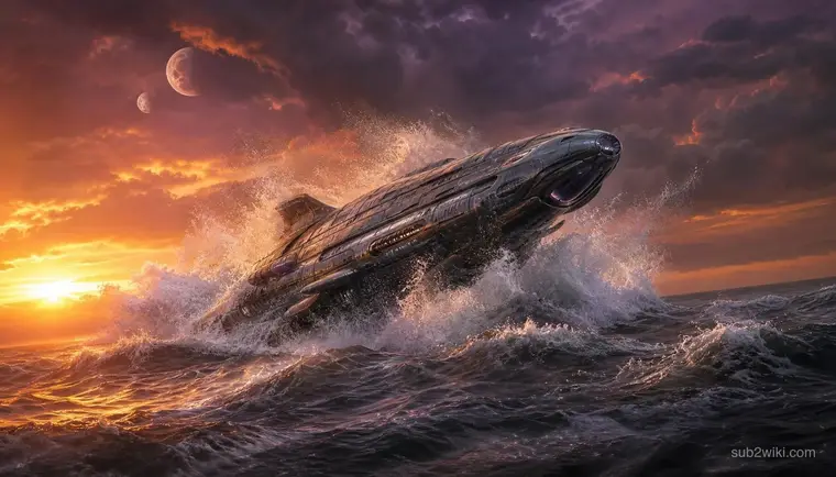 Compact submersible breaking the ocean surface under storm light.
