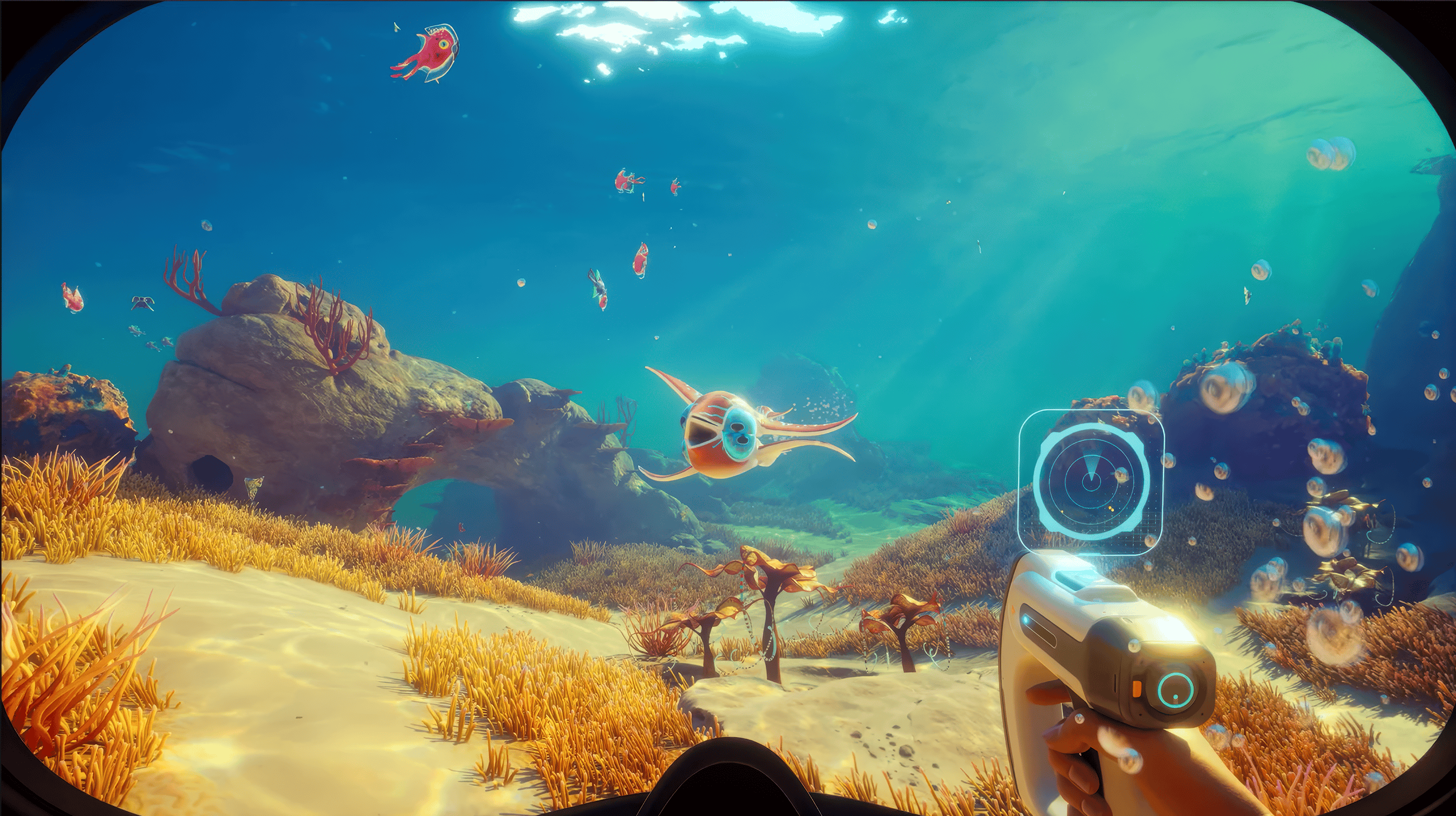Subnautica 2 official gameplay reveal image with vehicles, tools, and underwater progression