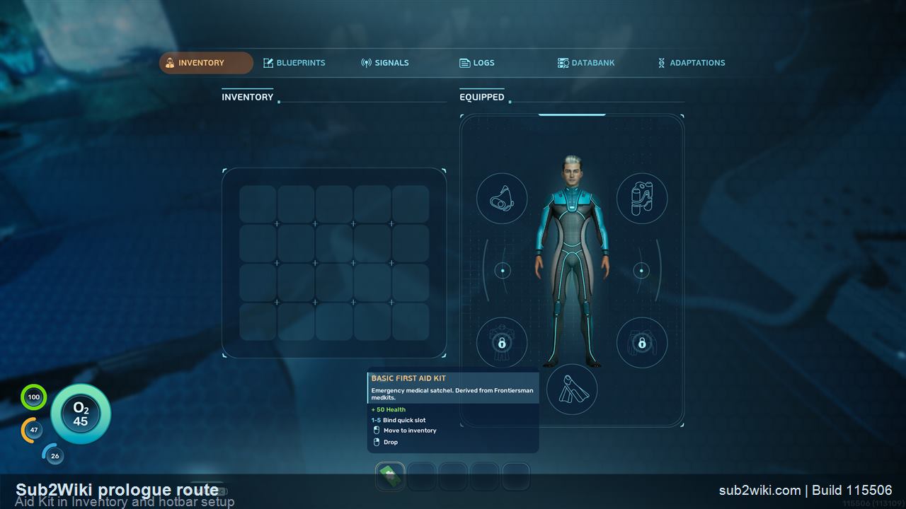 Subnautica 2 Aid Kit visible in PDA Inventory with hotbar slots below.