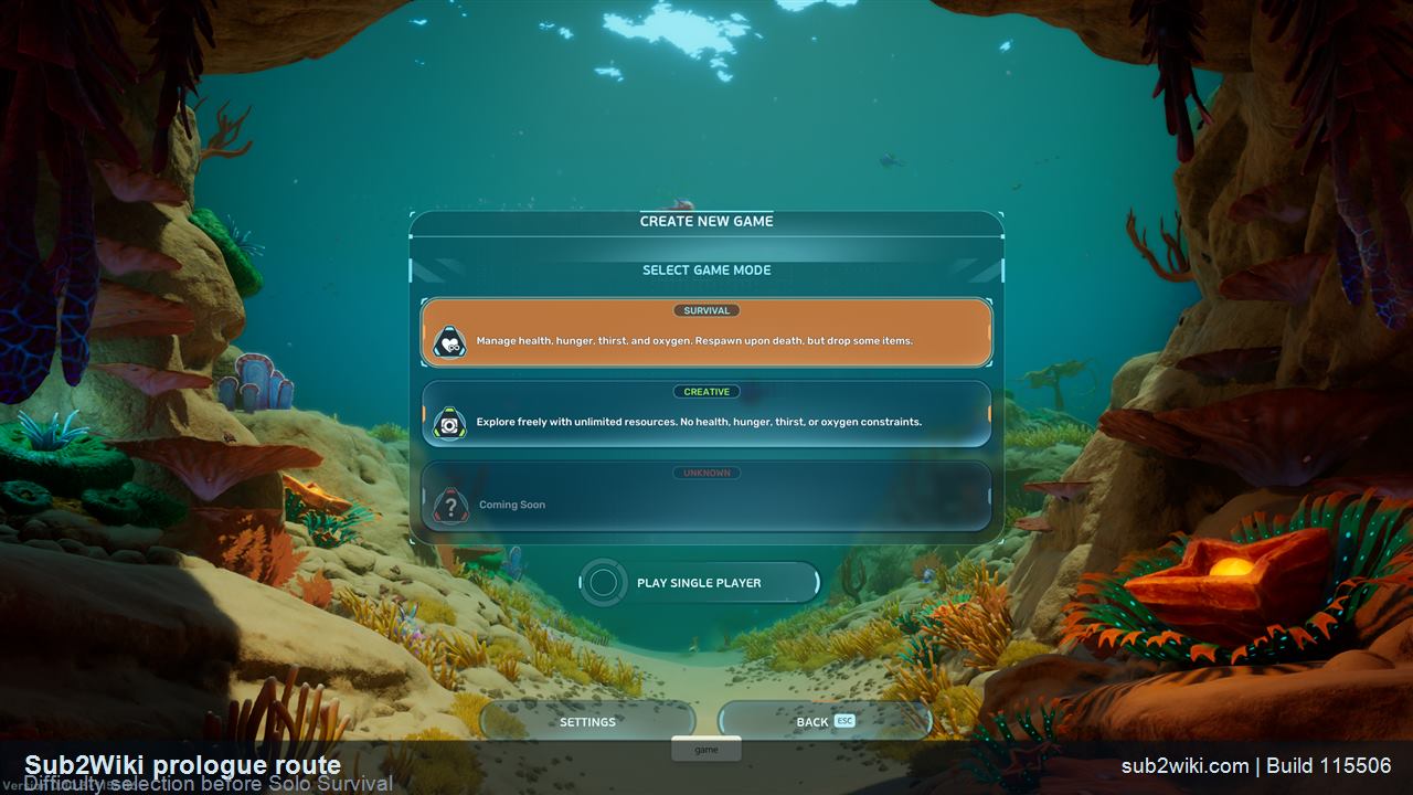 Subnautica 2 prologue difficulty selection screen before starting Solo Survival.