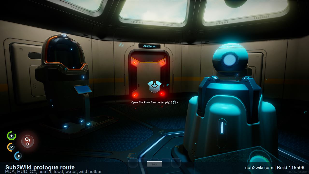 Subnautica 2 prologue HUD showing status circles and five quick slots.