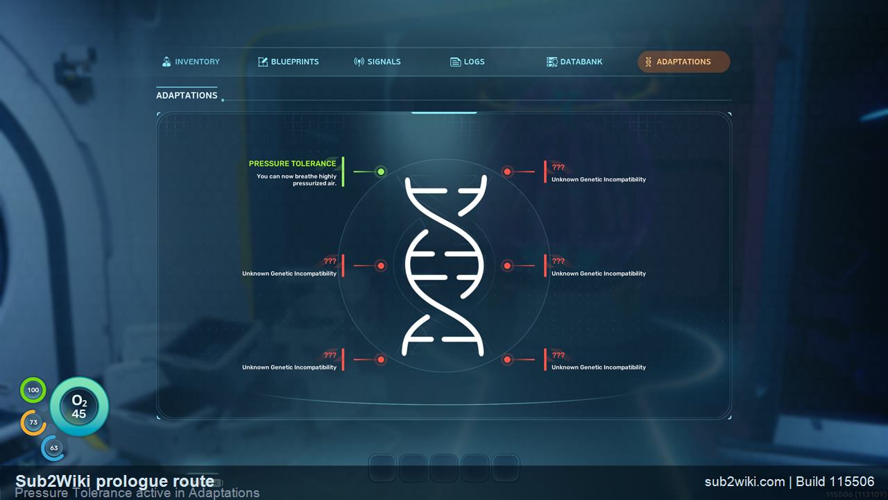Subnautica 2 PDA Adaptations page with Pressure Tolerance shown in green.