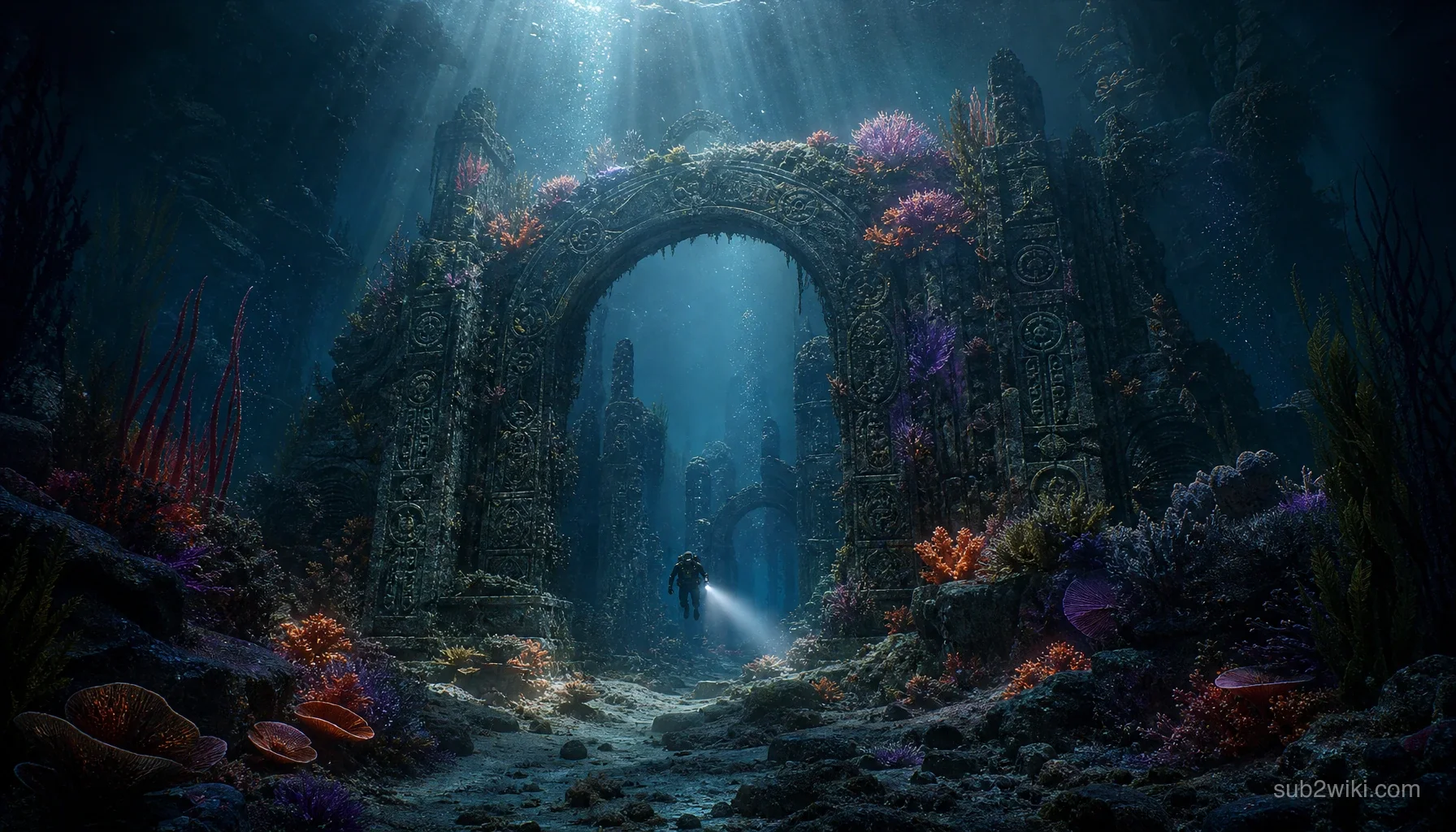 Ancient underwater ruins with vertical columns and faint bioluminescent growth.