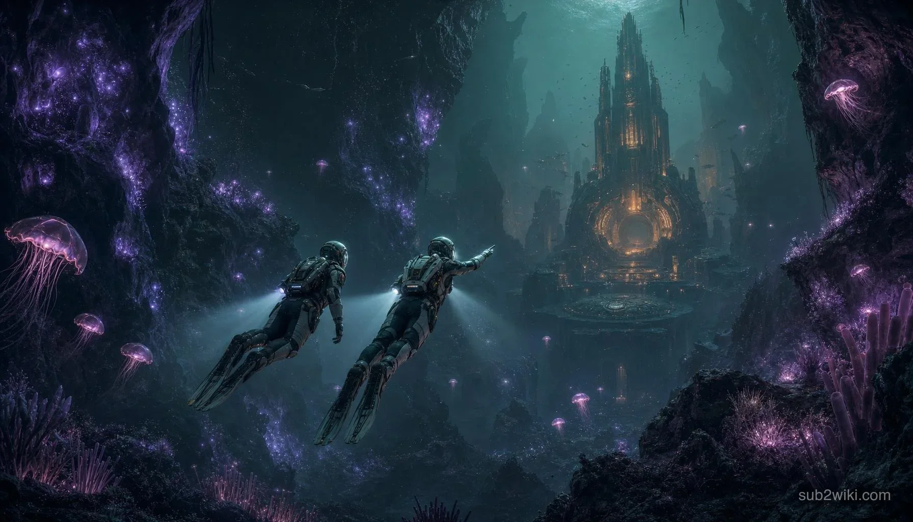 Co-op divers exploring an underwater canyon together