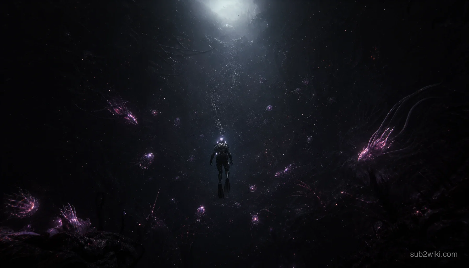 Lone diver descending into a faintly glowing abyss.