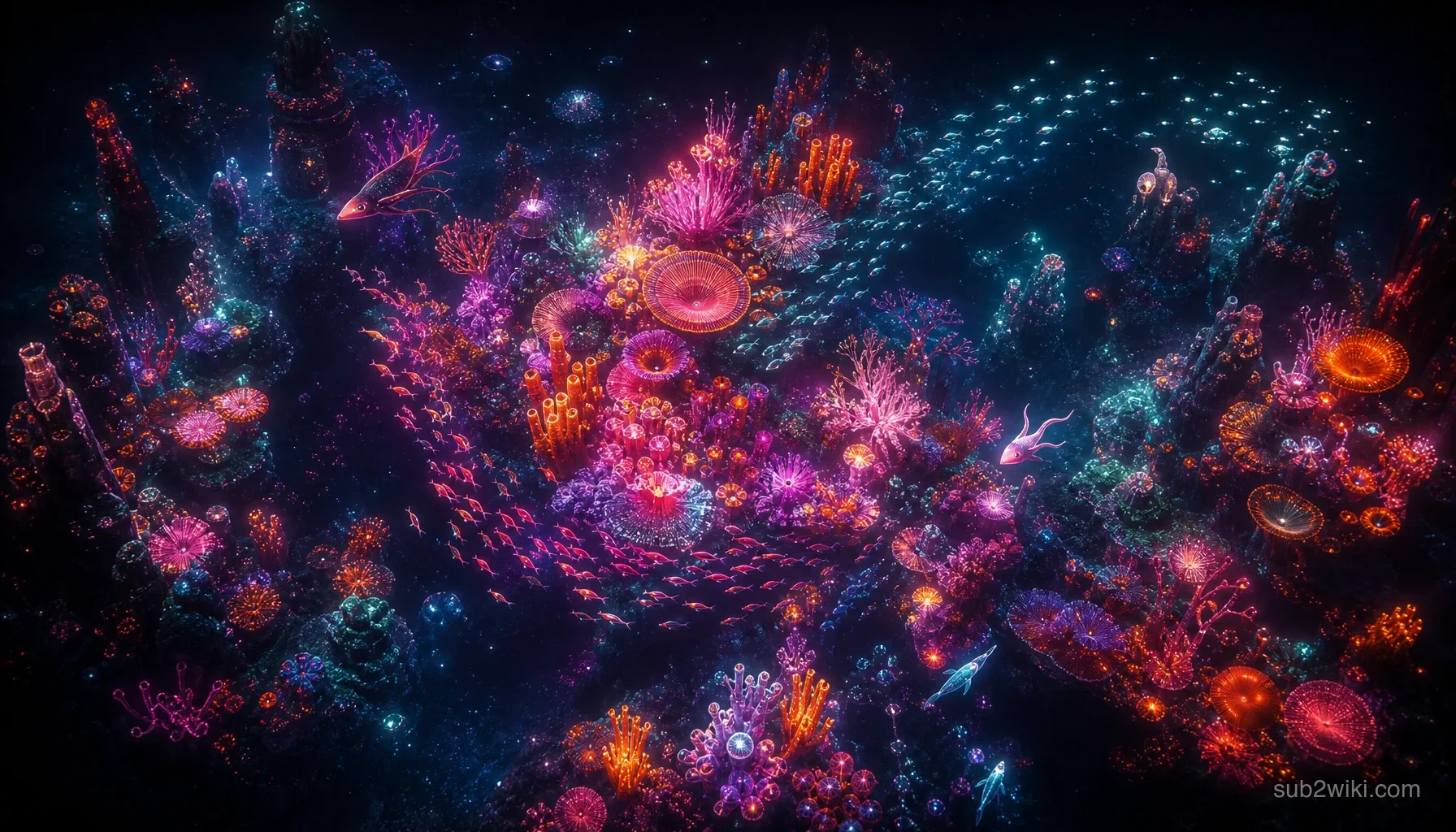Glowing neon coral garden with bioluminescent flora and shallow exploration routes.